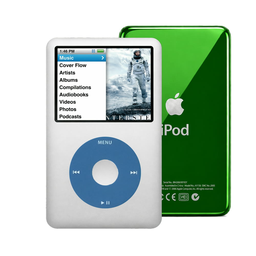 Gray refurbished iPod Classic 7th Gen with Blue click wheel and Green back plate