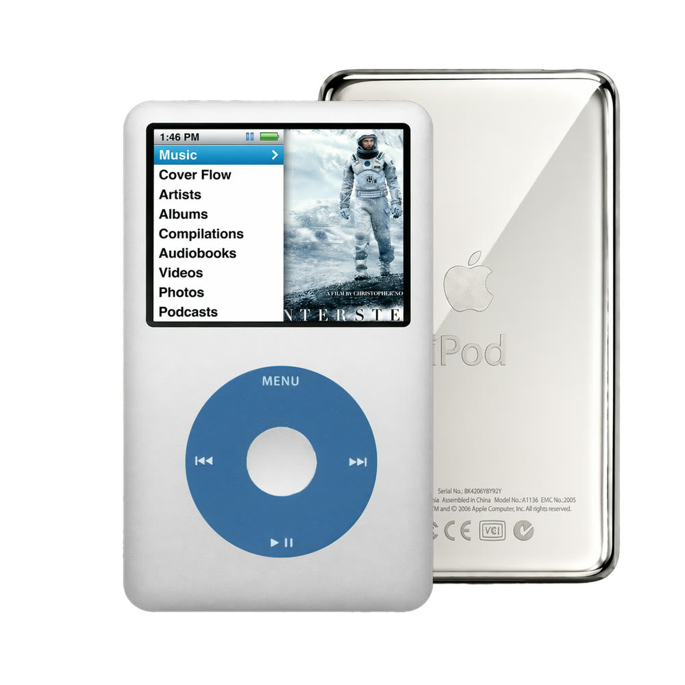 Gray refurbished iPod Classic 7th Gen with Blue click wheel and Silver back plate