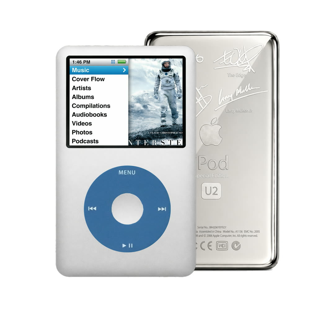 Gray refurbished iPod Classic 7th Gen with Blue click wheel and Silver U2 back plate