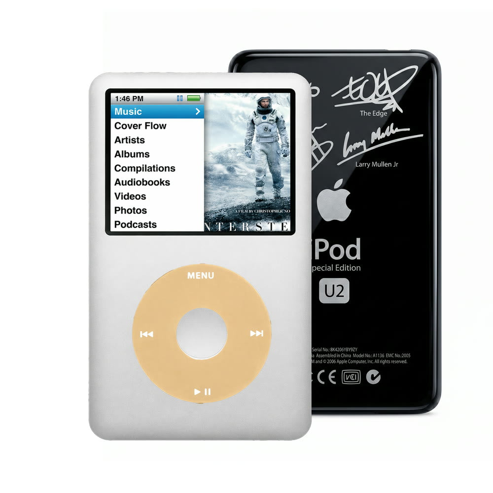 Gray refurbished iPod Classic 7th Gen with Gold click wheel and Black U2 back plate