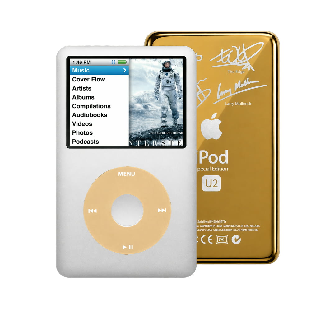 Gray refurbished iPod Classic 7th Gen with Gold click wheel and Gold U2 back plate