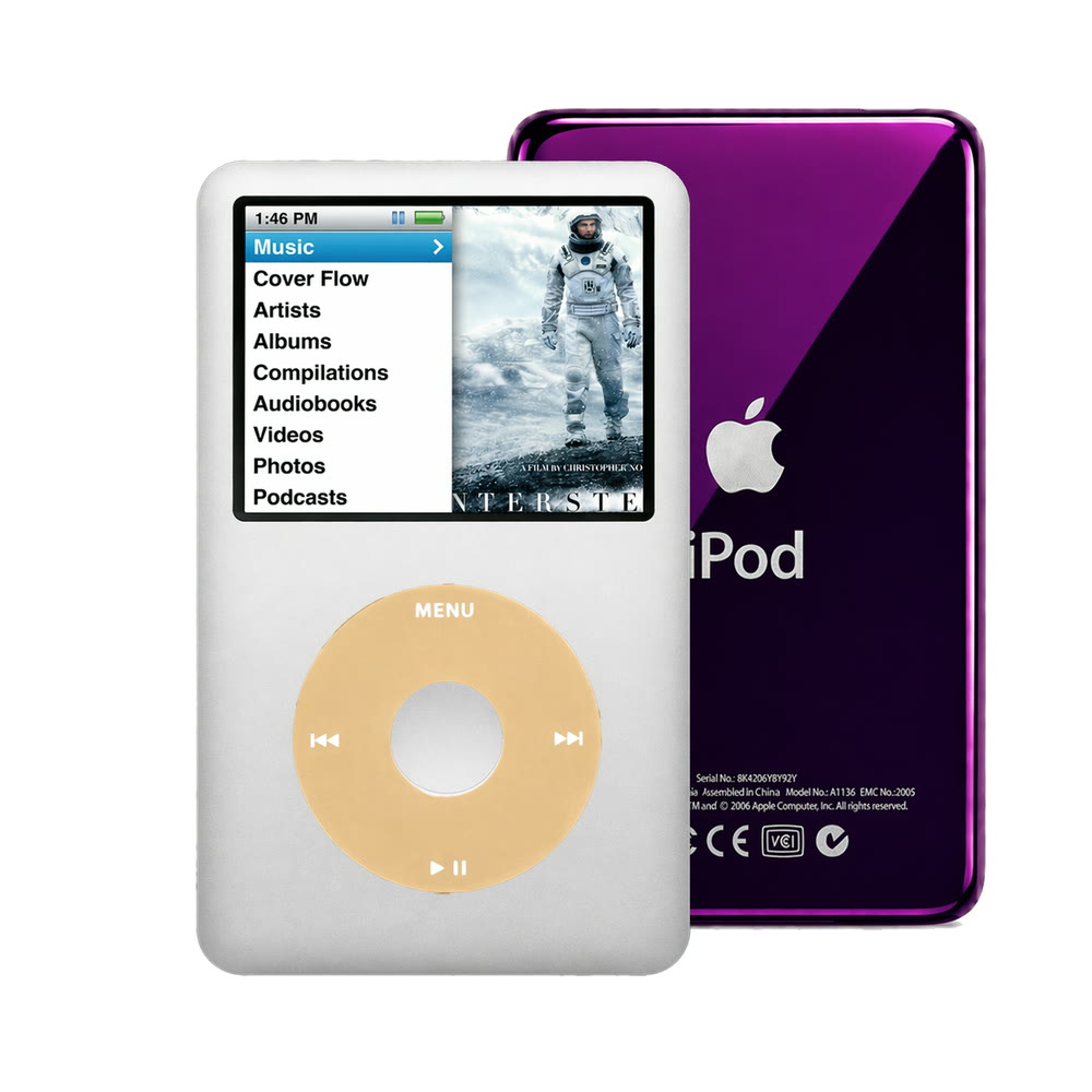 Gray refurbished iPod Classic 7th Gen with Gold click wheel and Purple back plate