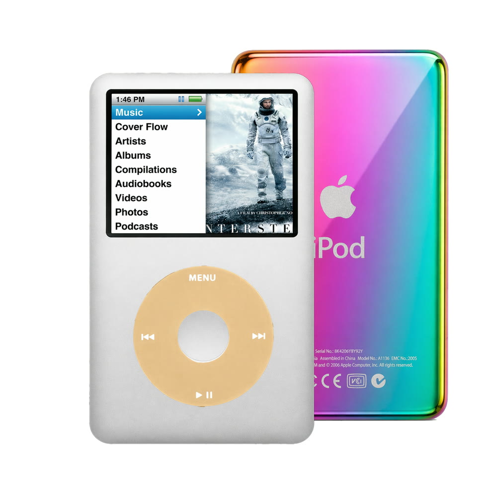 Gray refurbished iPod Classic 7th Gen with Gold click wheel and Rainbow back plate