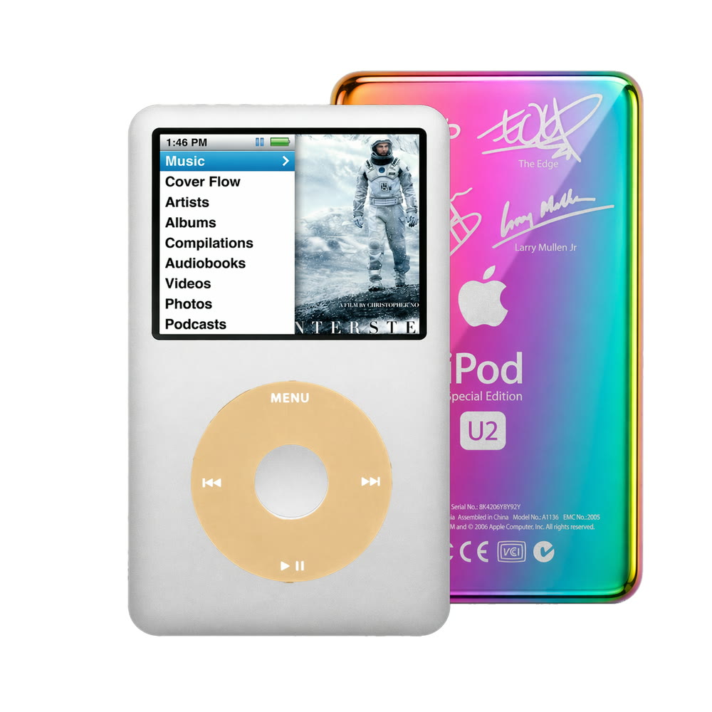 Gray refurbished iPod Classic 7th Gen with Gold click wheel and Rainbow U2 back plate