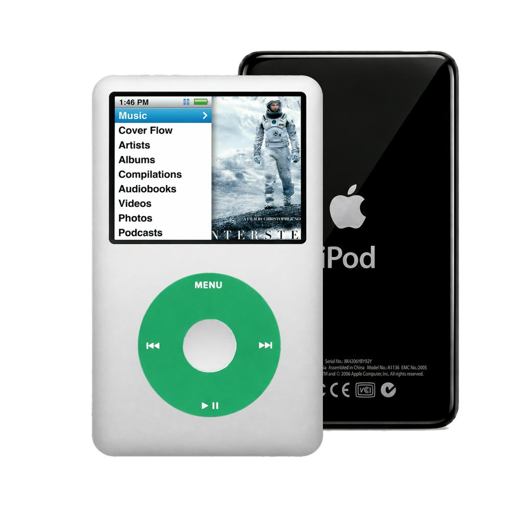 Gray refurbished iPod Classic 7th Gen with Green click wheel and Black back plate