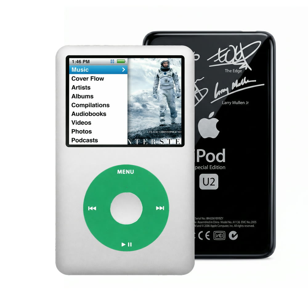 Gray refurbished iPod Classic 7th Gen with Green click wheel and Black U2 back plate