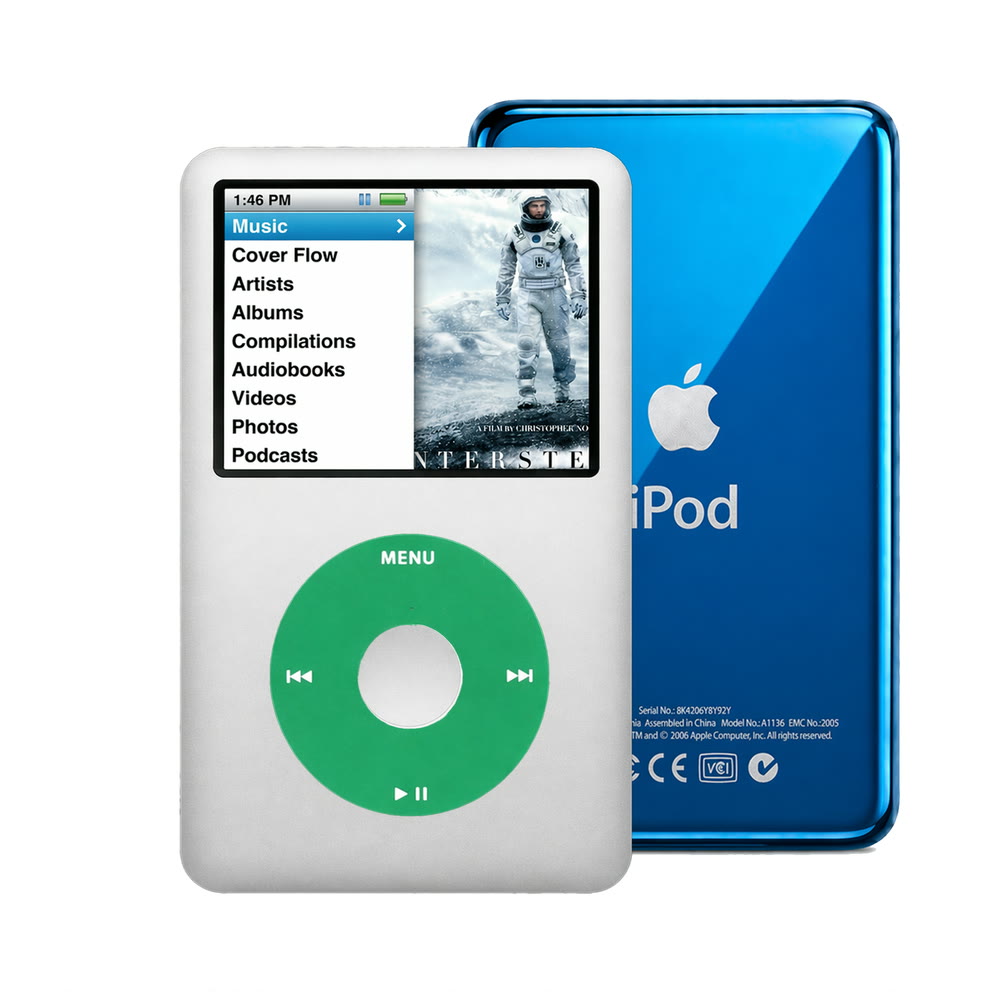 Gray refurbished iPod Classic 7th Gen with Green click wheel and Blue back plate
