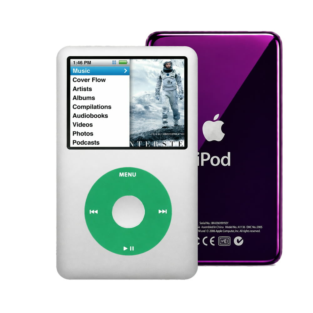 Gray refurbished iPod Classic 7th Gen with Green click wheel and Purple back plate
