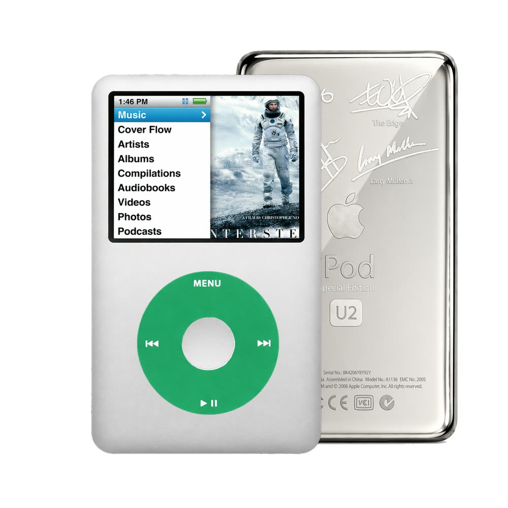 Gray refurbished iPod Classic 7th Gen with Green click wheel and Silver U2 back plate
