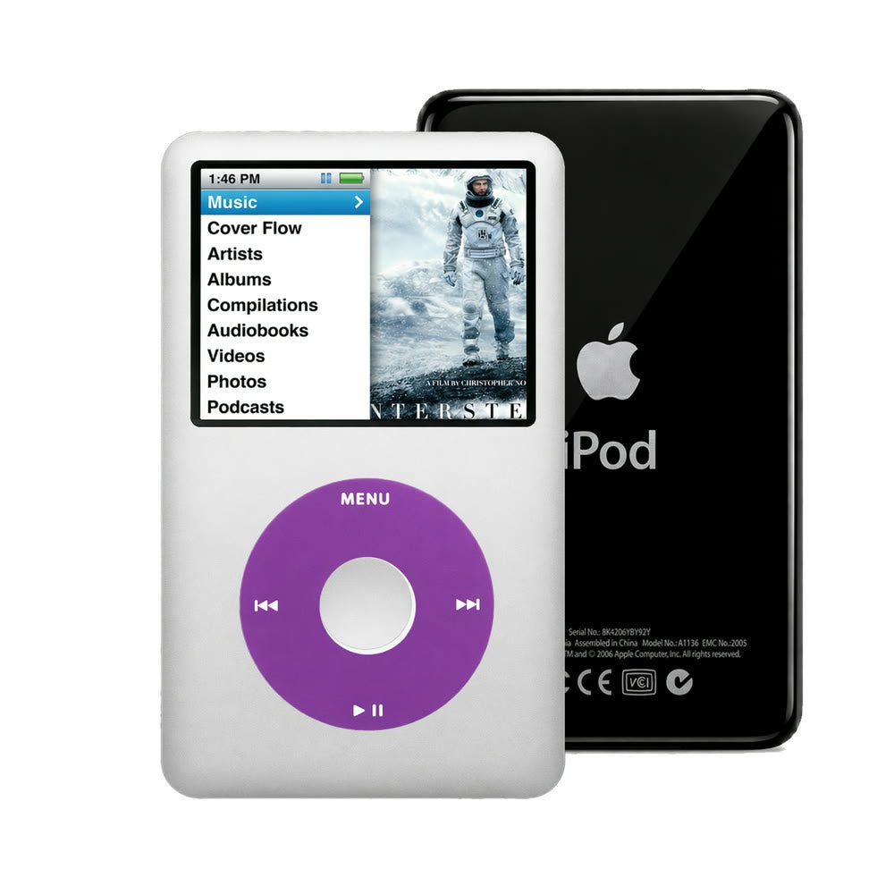 Gray refurbished iPod Classic 7th Gen with Purple click wheel and Black back plate