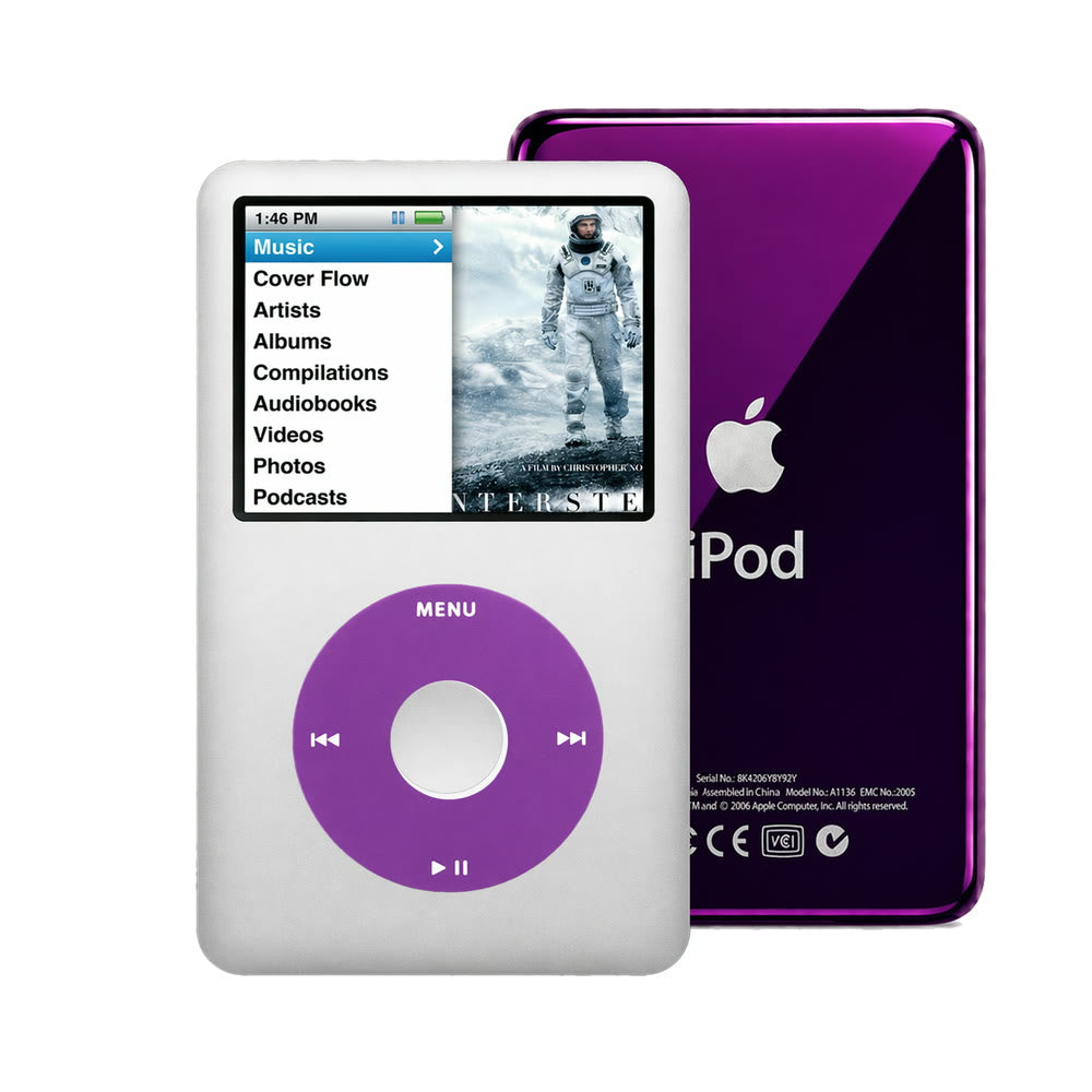 Gray refurbished iPod Classic 7th Gen with Purple click wheel and Purple back plate