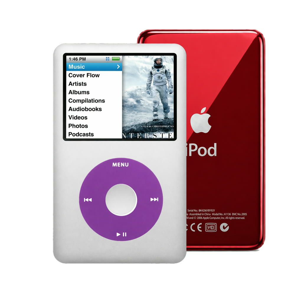 Gray refurbished iPod Classic 7th Gen with Purple click wheel and Red back plate