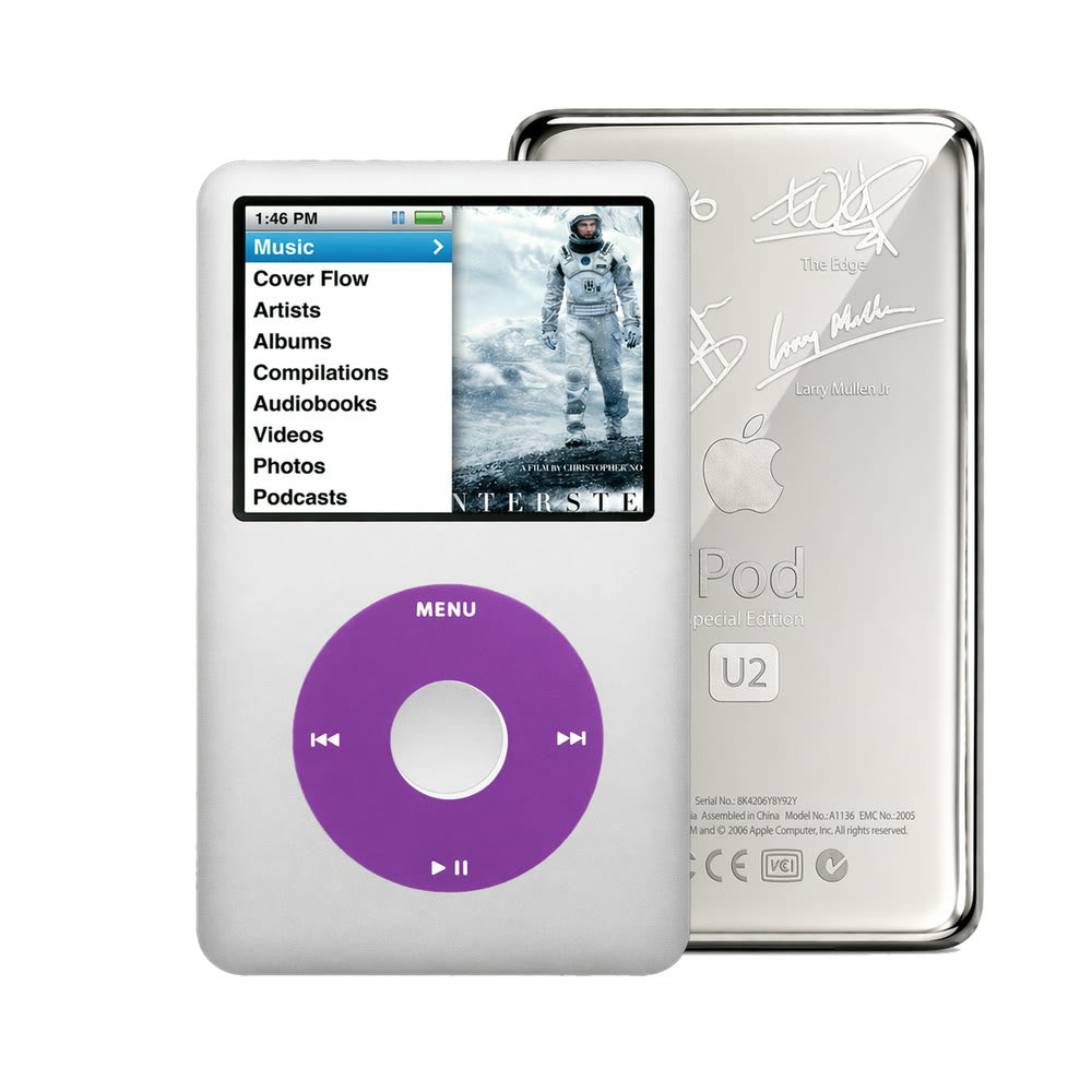 Gray refurbished iPod Classic 7th Gen with Purple click wheel and Silver U2 back plate