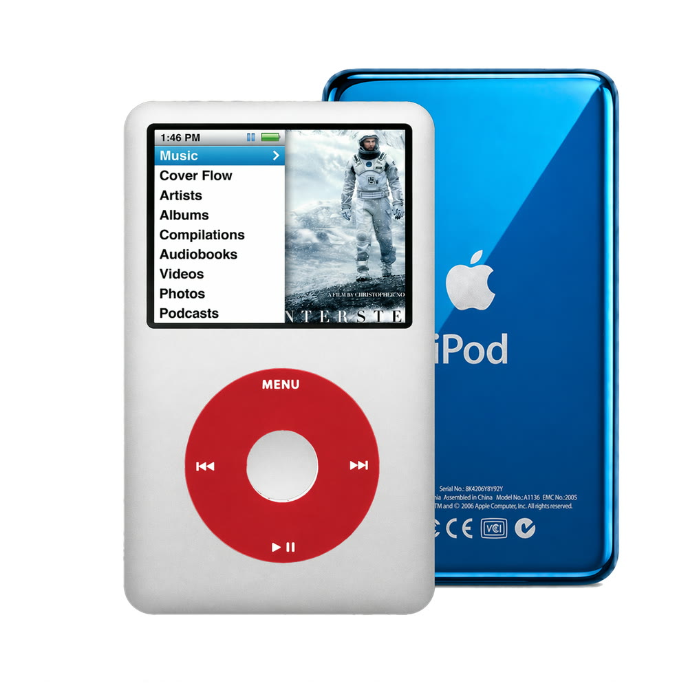 Gray refurbished iPod Classic 7th Gen with Red click wheel and Blue back plate