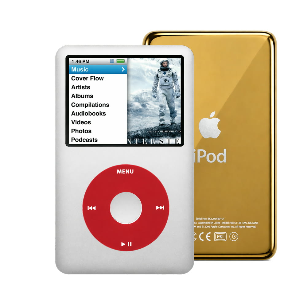 Gray refurbished iPod Classic 7th Gen with Red click wheel and Gold back plate