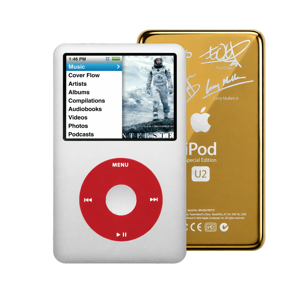 Gray refurbished iPod Classic 7th Gen with Red click wheel and Gold U2 back plate