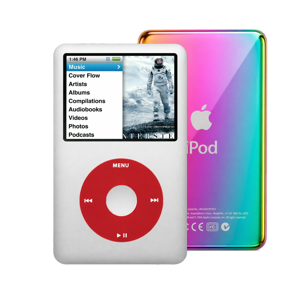 Gray refurbished iPod Classic 7th Gen with Red click wheel and Rainbow back plate