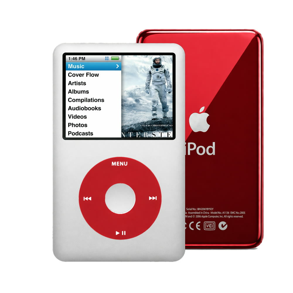 Gray refurbished iPod Classic 7th Gen with Red click wheel and Red back plate