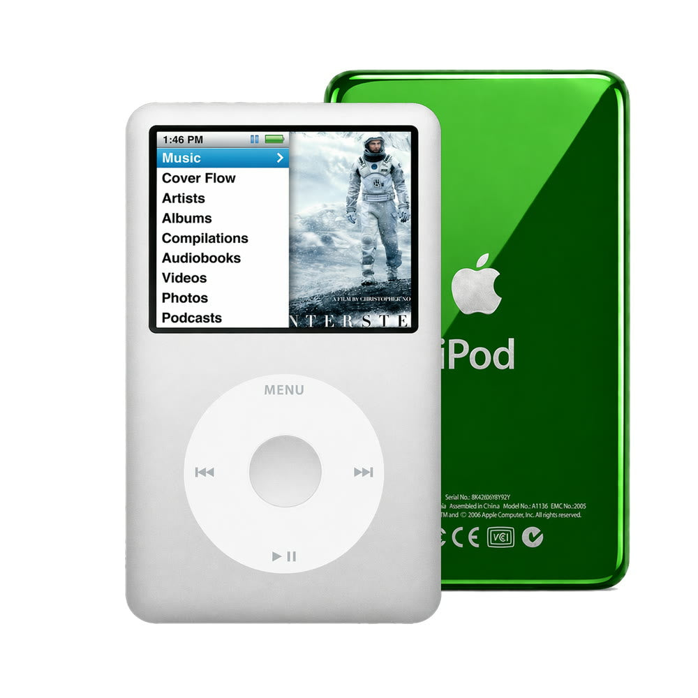 Gray refurbished iPod Classic 7th Gen with White click wheel and Green back plate