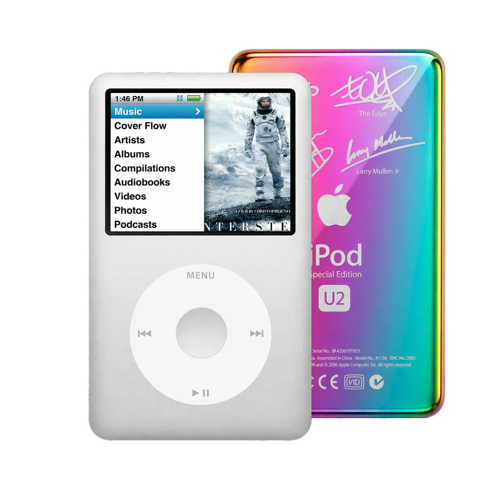 Gray refurbished iPod Classic 7th Gen with White click wheel and Rainbow U2 back plate