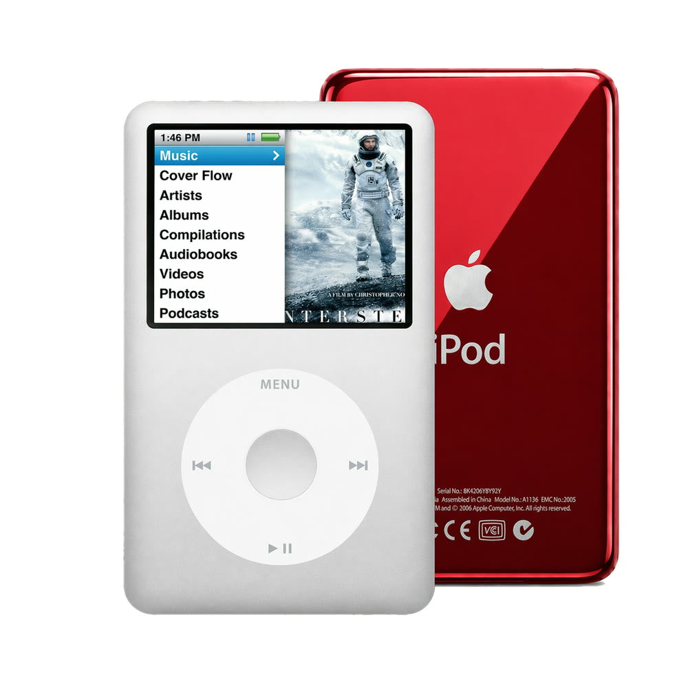 Gray refurbished iPod Classic 7th Gen with White click wheel and Red back plate