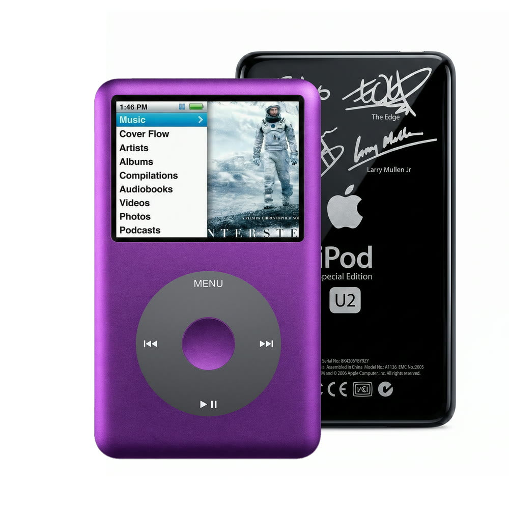 Purple refurbished iPod Classic 7th Gen with Black click wheel and Black U2 back plate