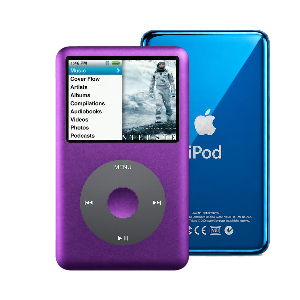 Purple refurbished iPod Classic 7th Gen with Black click wheel and Blue back plate