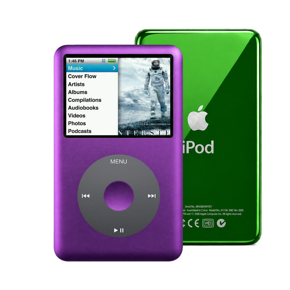Purple refurbished iPod Classic 7th Gen with Black click wheel and Green back plate
