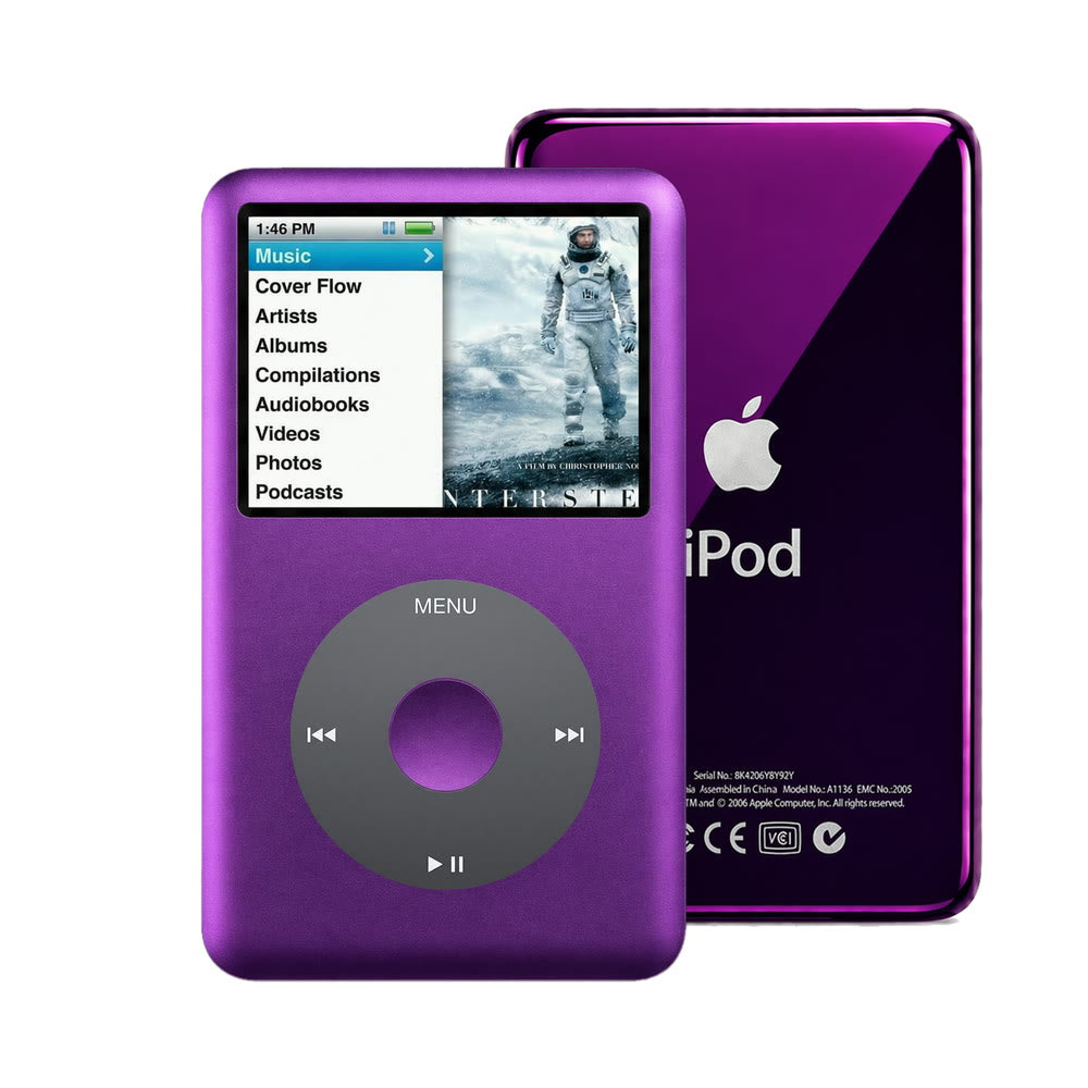 Purple refurbished iPod Classic 7th Gen with Black click wheel and Purple back plate