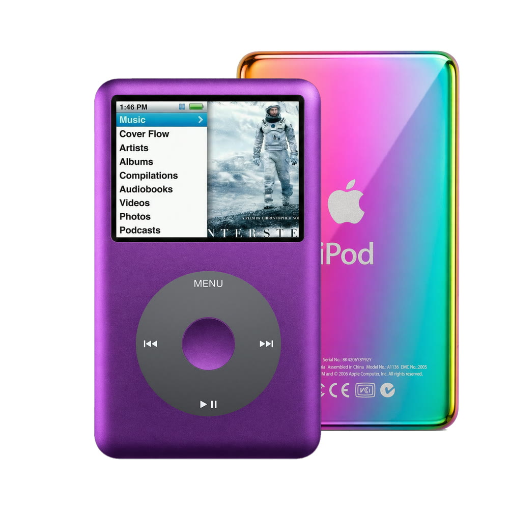 Purple refurbished iPod Classic 7th Gen with Black click wheel and Rainbow back plate
