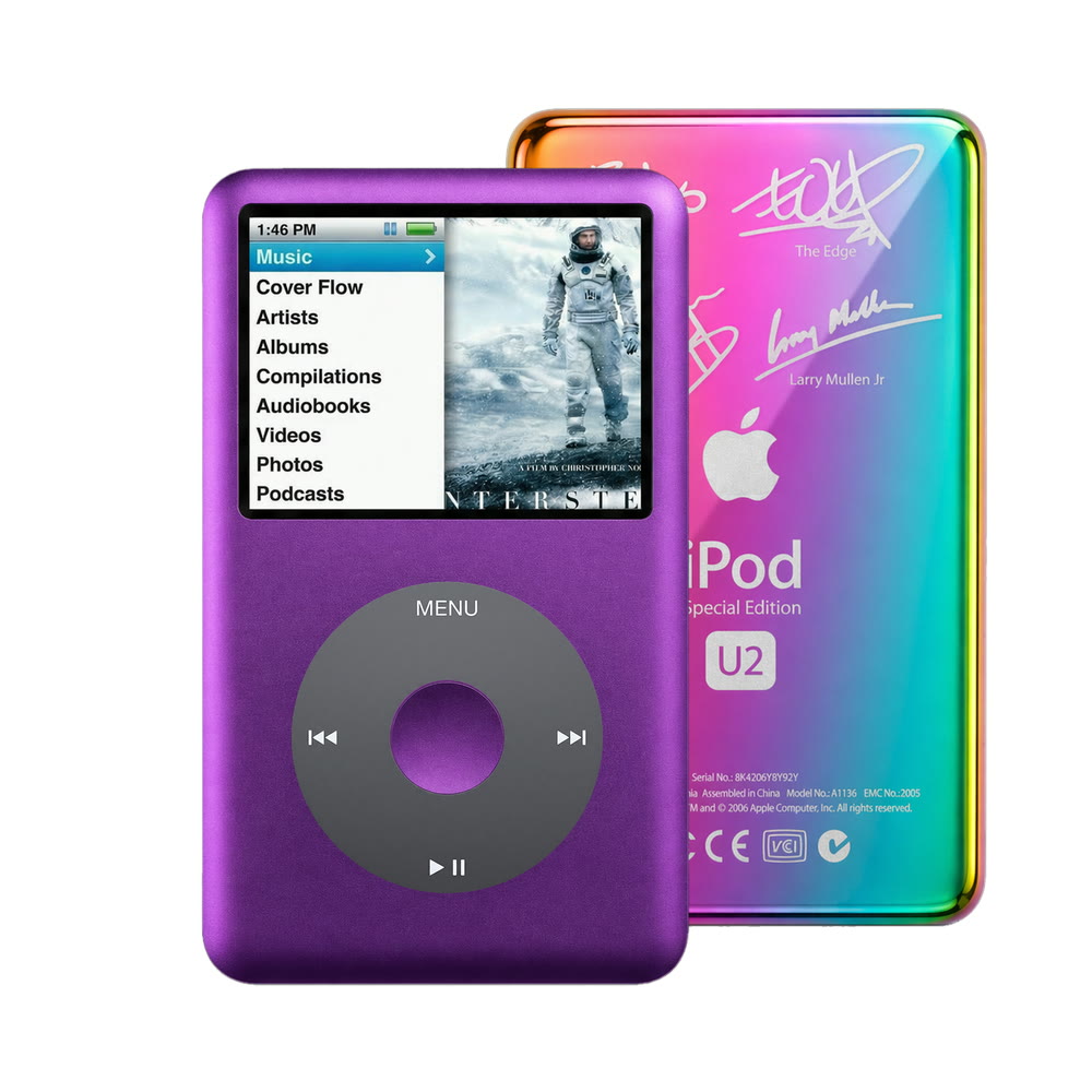 Purple refurbished iPod Classic 7th Gen with Black click wheel and Rainbow U2 back plate