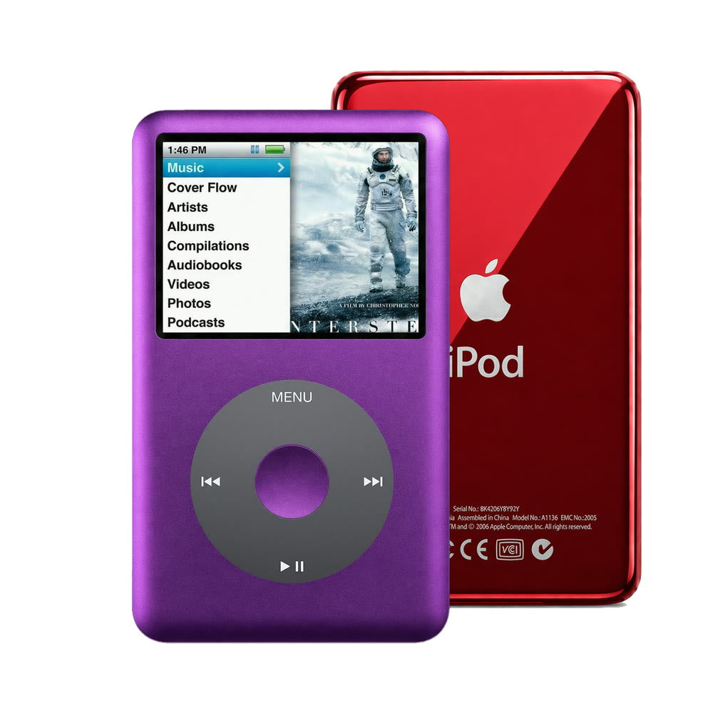 Purple refurbished iPod Classic 7th Gen with Black click wheel and Red back plate