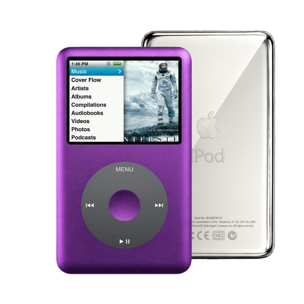 Purple refurbished iPod Classic 7th Gen with Black click wheel and Silver back plate