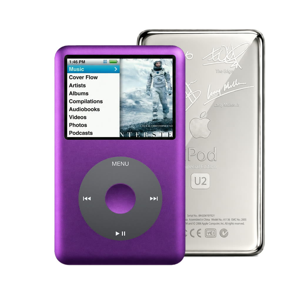 Purple refurbished iPod Classic 7th Gen with Black click wheel and Silver U2 back plate