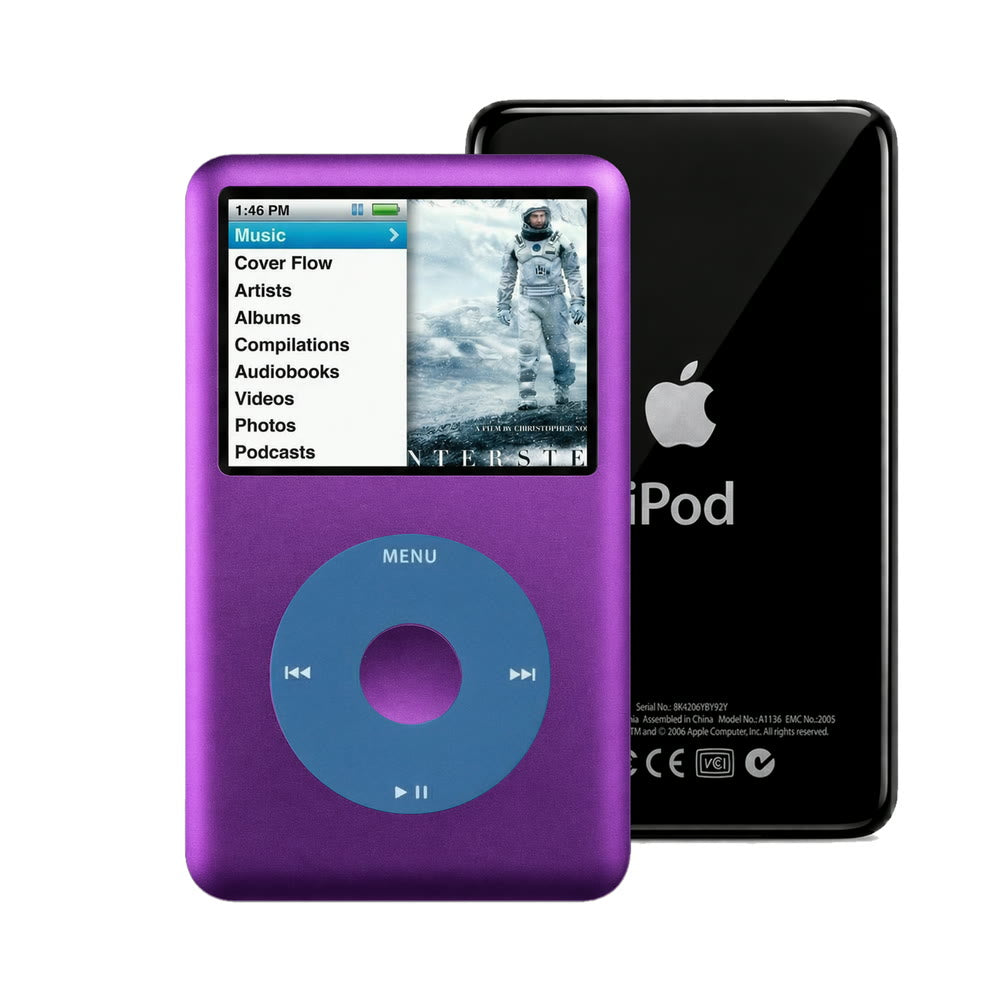 Purple refurbished iPod Classic 7th Gen with Blue click wheel and Black back plate
