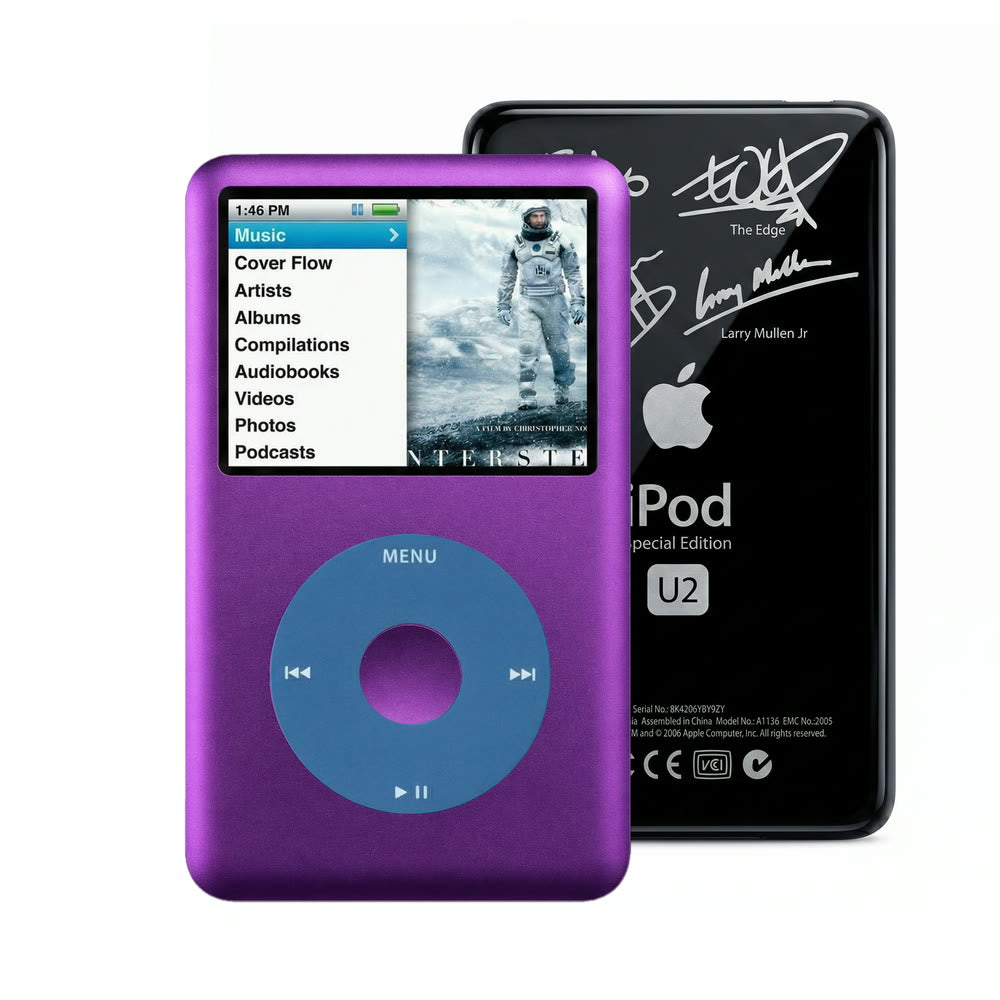 Purple refurbished iPod Classic 7th Gen with Blue click wheel and Black U2 back plate