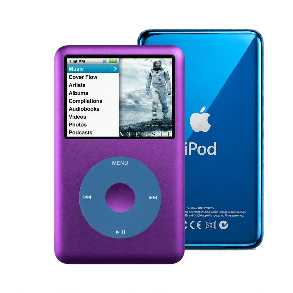 Purple refurbished iPod Classic 7th Gen with Blue click wheel and Blue back plate