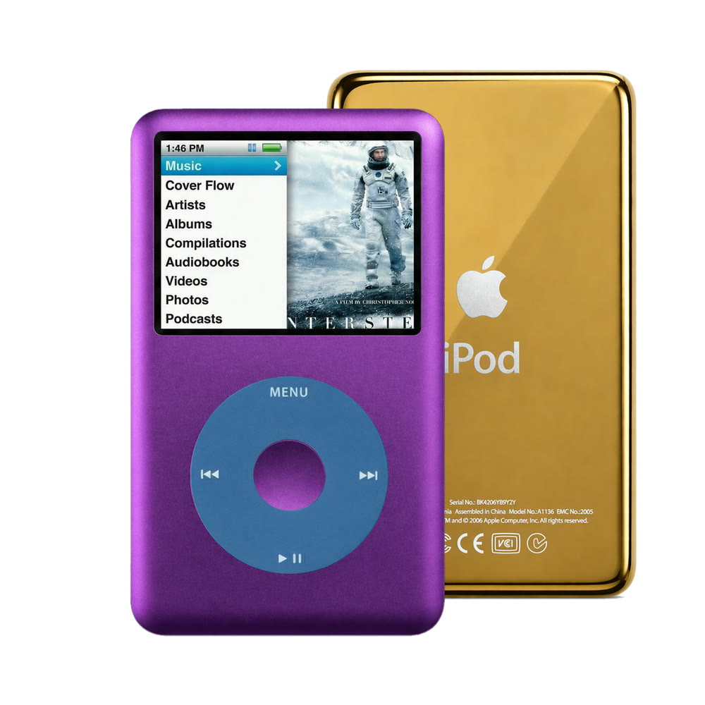 Purple refurbished iPod Classic 7th Gen with Blue click wheel and Gold back plate