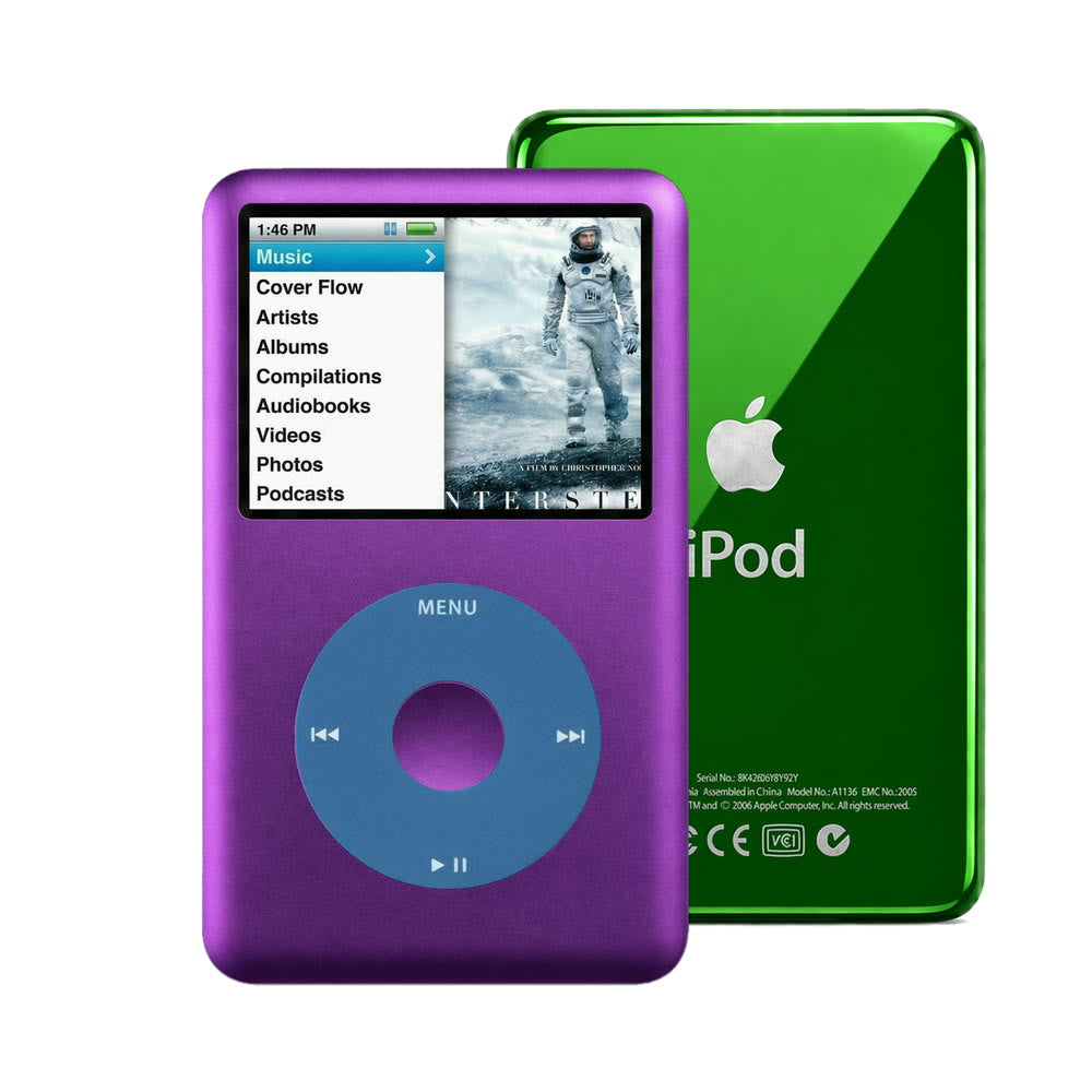 Purple refurbished iPod Classic 7th Gen with Blue click wheel and Green back plate