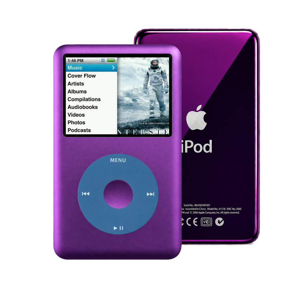 Purple refurbished iPod Classic 7th Gen with Blue click wheel and Purple back plate