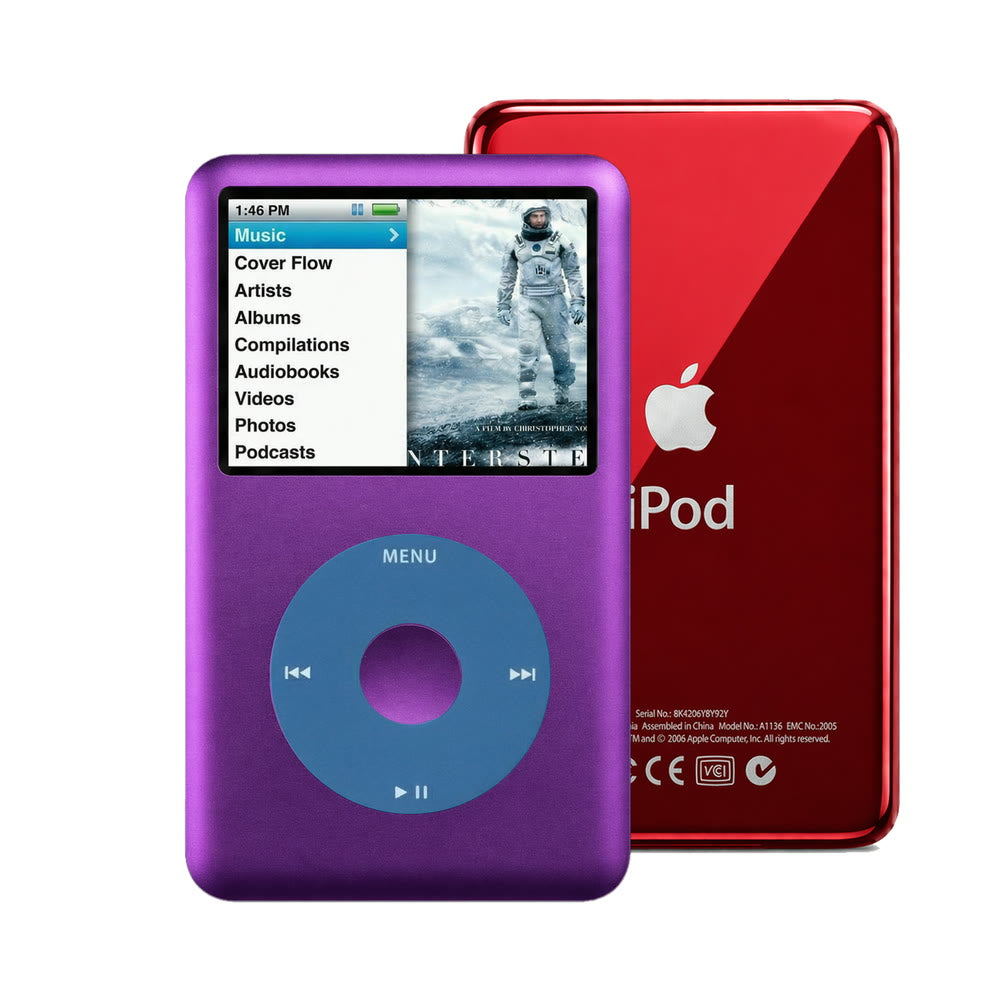 Purple refurbished iPod Classic 7th Gen with Blue click wheel and Red back plate