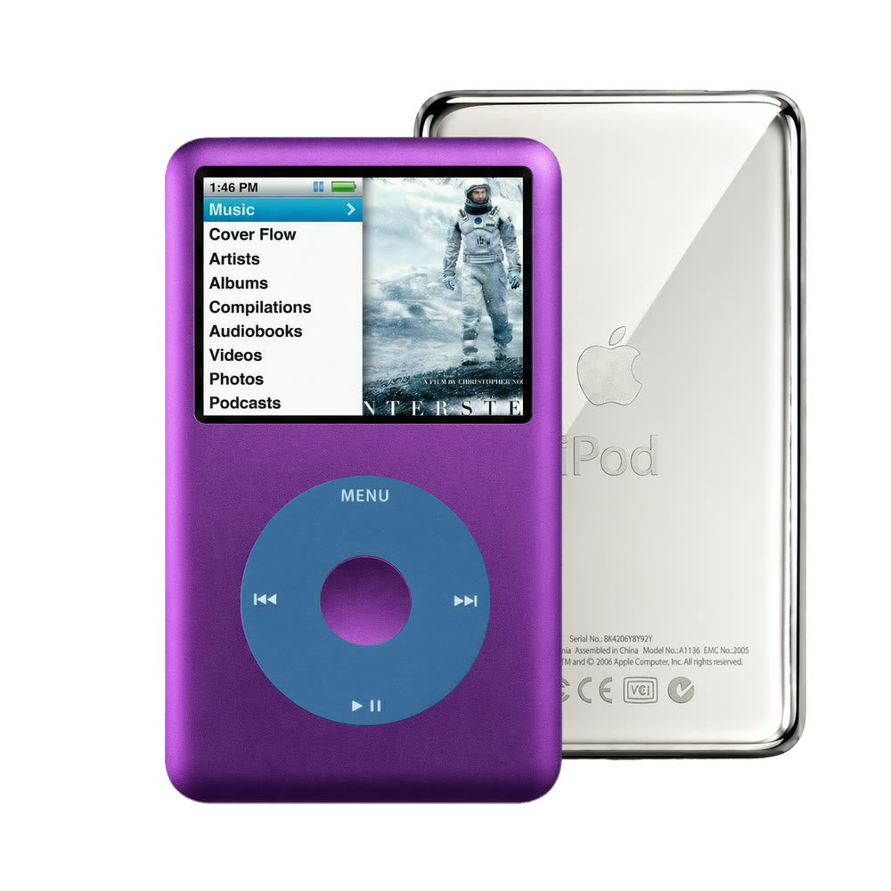 Purple refurbished iPod Classic 7th Gen with Blue click wheel and Silver back plate