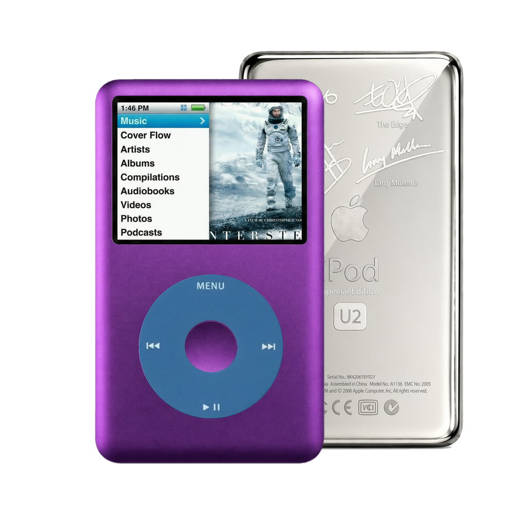 Purple refurbished iPod Classic 7th Gen with Blue click wheel and Silver U2 back plate