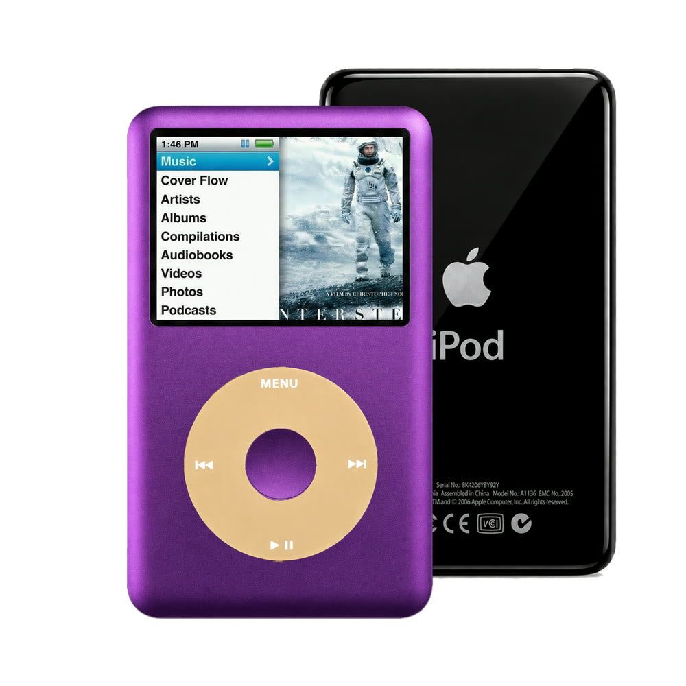Purple refurbished iPod Classic 7th Gen with Gold click wheel and Black back plate