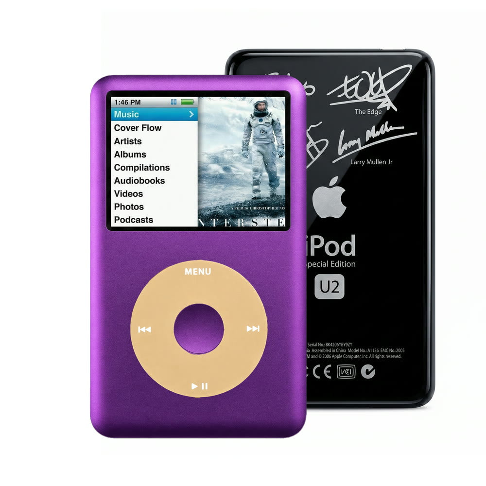 Purple refurbished iPod Classic 7th Gen with Gold click wheel and Black U2 back plate