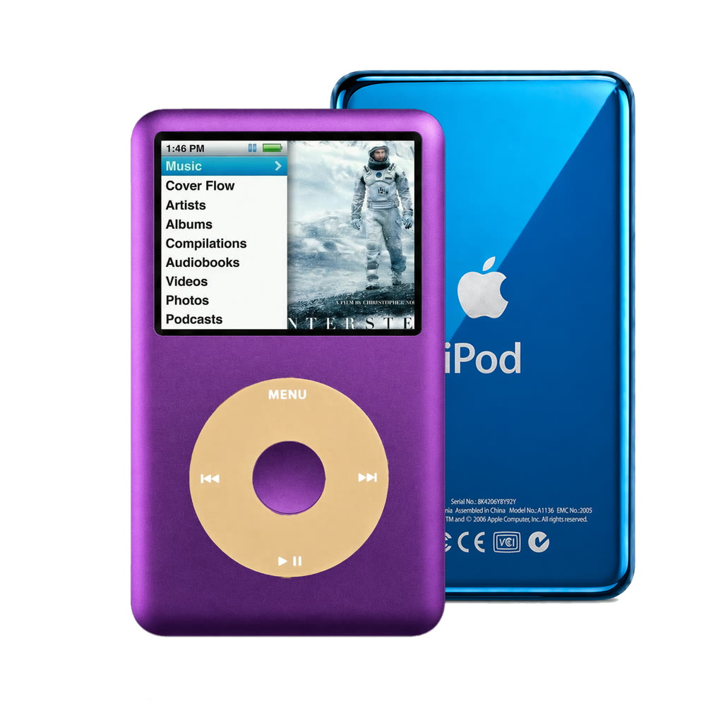 Purple refurbished iPod Classic 7th Gen with Gold click wheel and Blue back plate