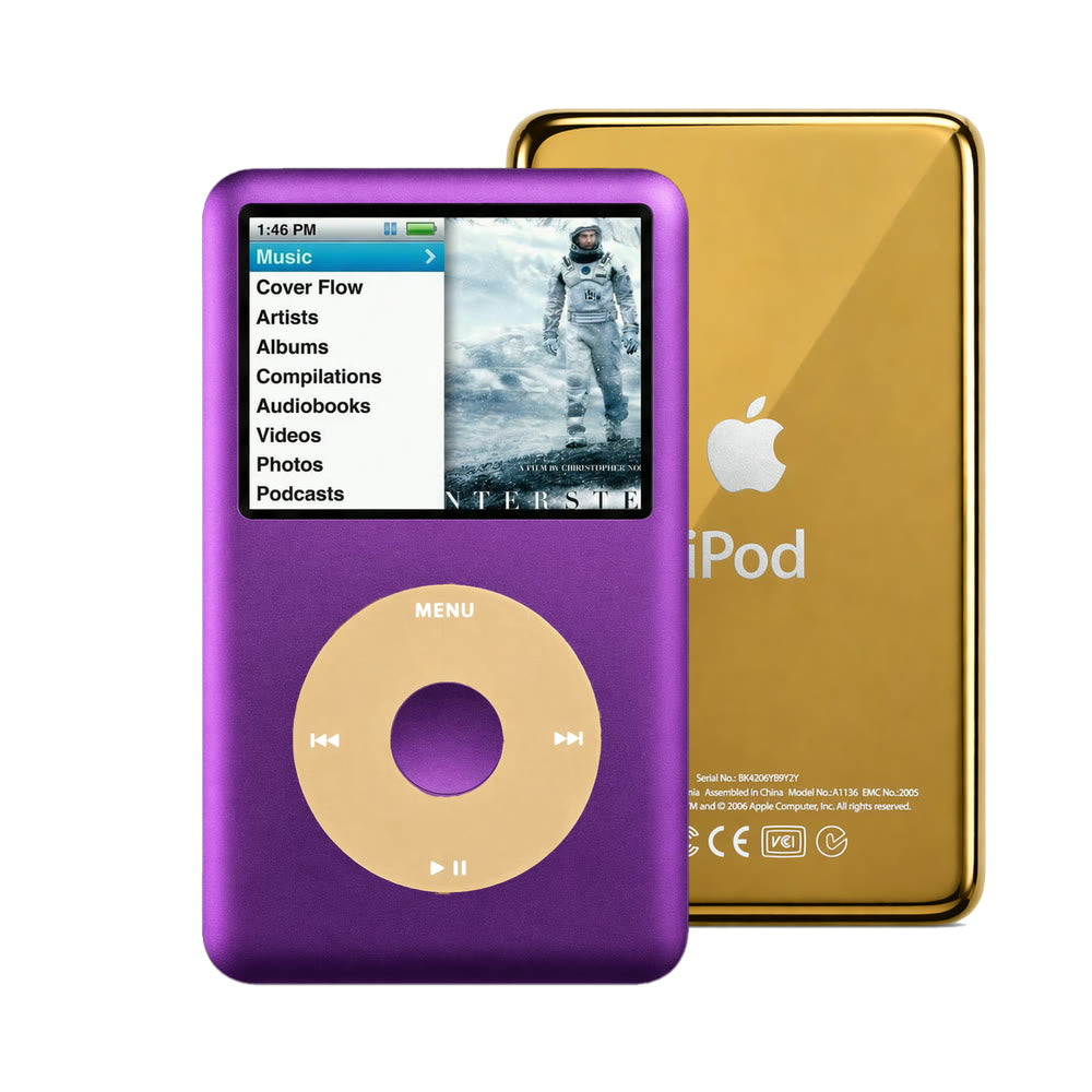 Purple refurbished iPod Classic 7th Gen with Gold click wheel and Gold back plate
