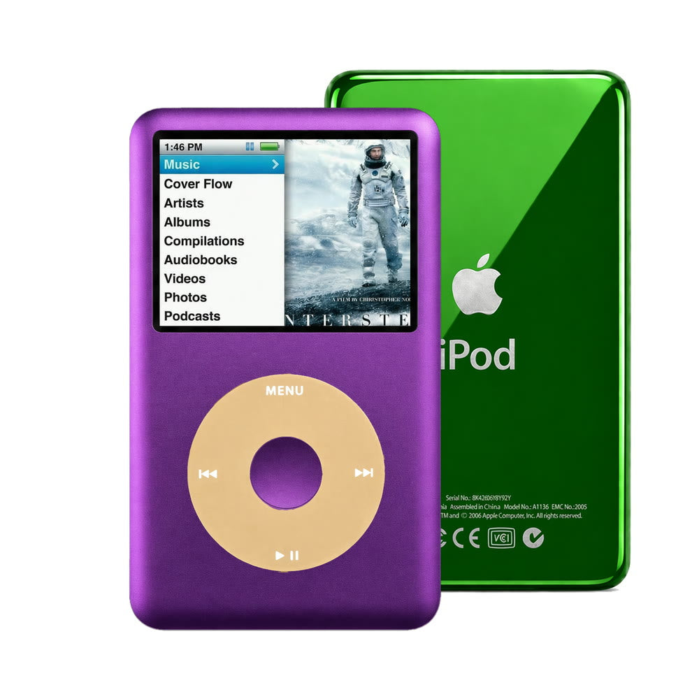 Purple refurbished iPod Classic 7th Gen with Gold click wheel and Green back plate