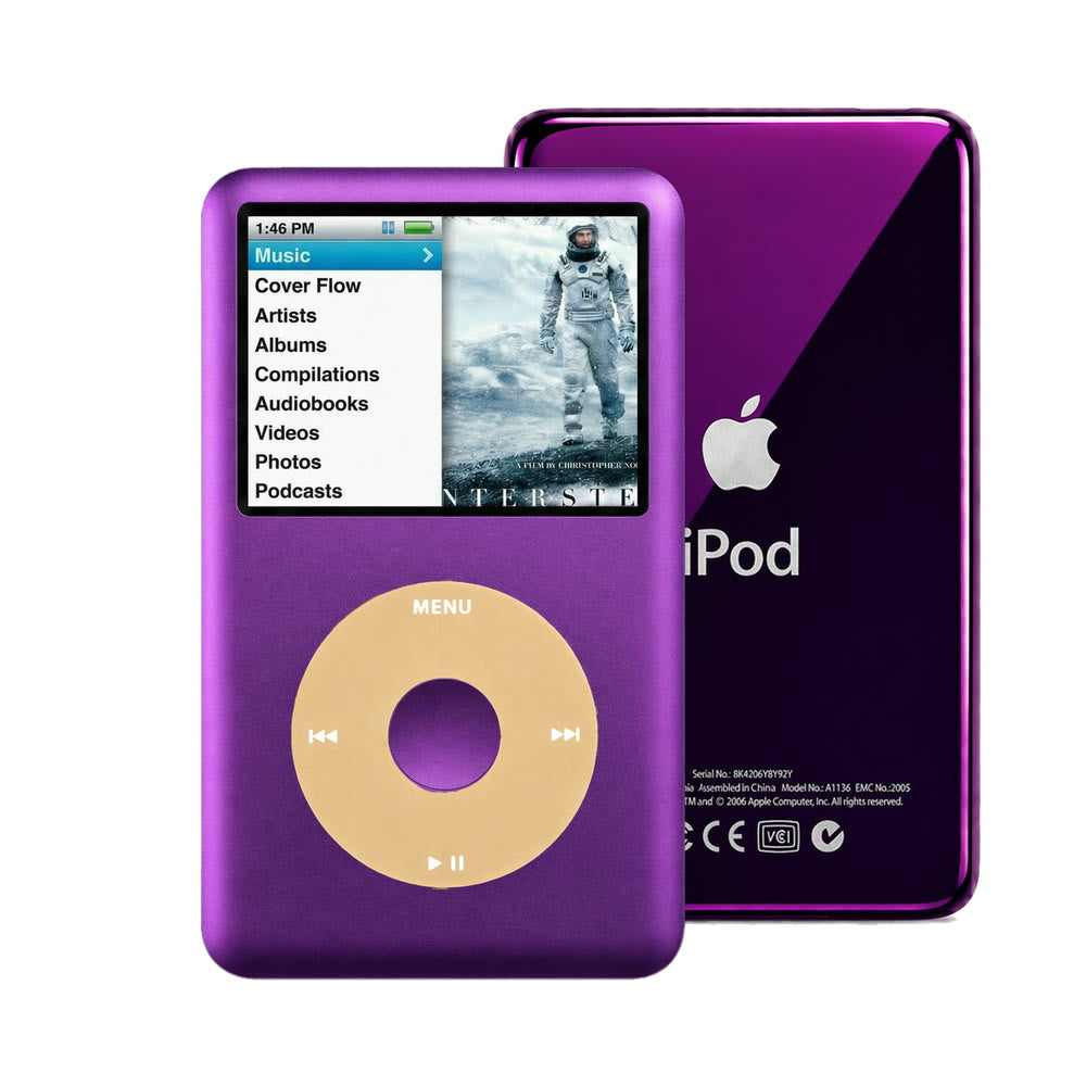 Purple refurbished iPod Classic 7th Gen with Gold click wheel and Purple back plate