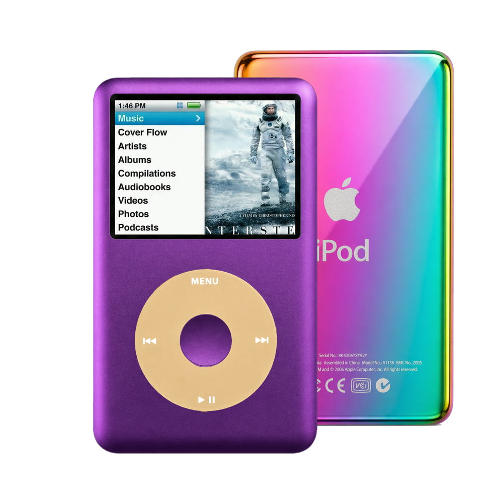 Purple refurbished iPod Classic 7th Gen with Gold click wheel and Rainbow back plate